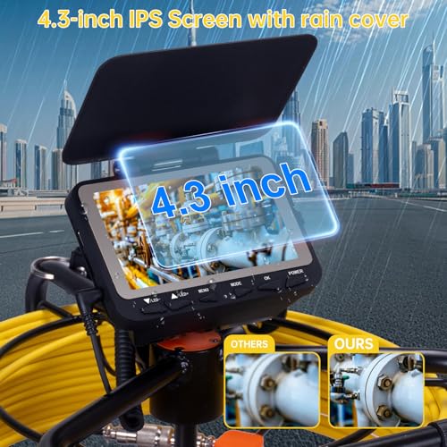 Cámara de alcantarillado de 66 pies, cámara de tubo de drenaje HD de 4.3 pulgadas, DVR de 0.906 in, boroscopio de serpiente de fontanería con 12 luces LED, boroscopios de inspección 9637A-20M