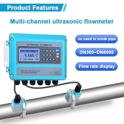 Medidor de flujo ultrasónico Whappocco Medidor de flujo de agua Abrazadera en medidor de flujo líquido Medidor de flujo digital montado en la pared con transductor grande para tubería DN300-236.220 in