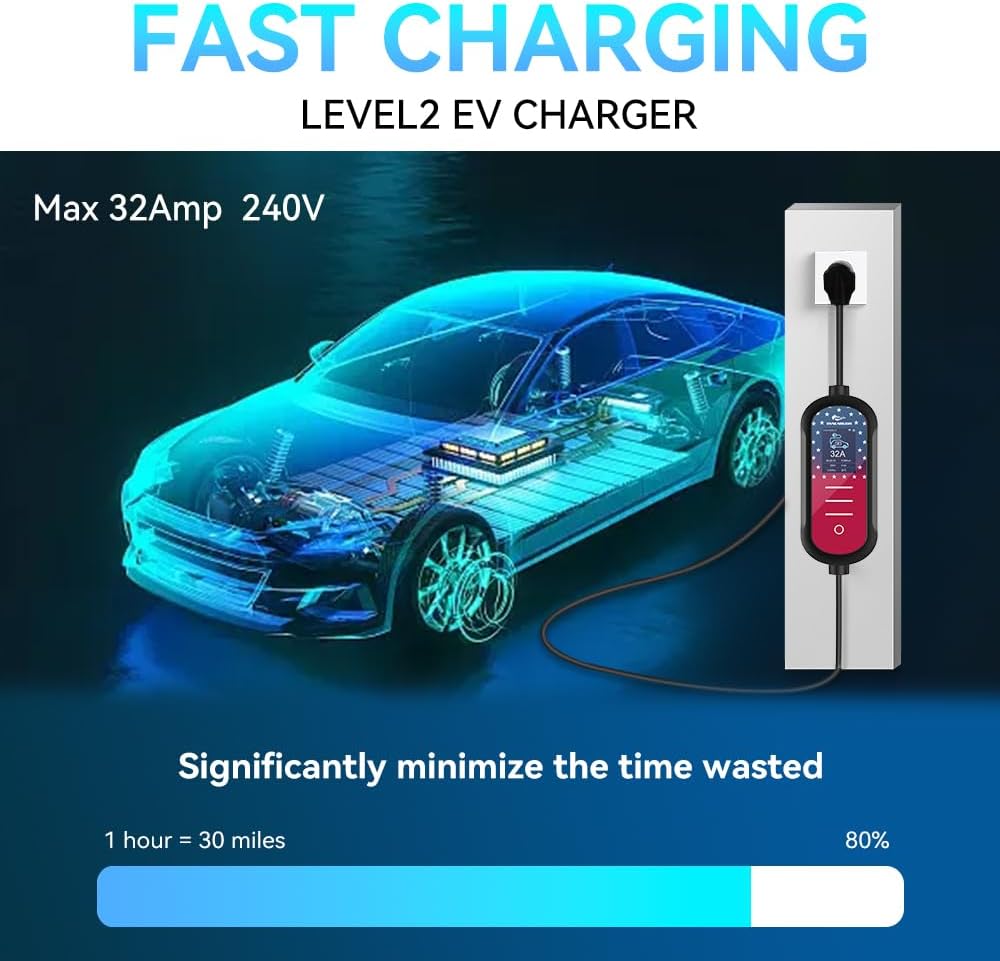 Cargador EV de nivel 2 32A, 240V, 7.68 KW, enchufe NEMA 14-50, cargador de vehículo eléctrico portátil, cable de 25 pies, Plug & Play para J1772, para hogar y exterior (negro) A70527 - QJHH4700527