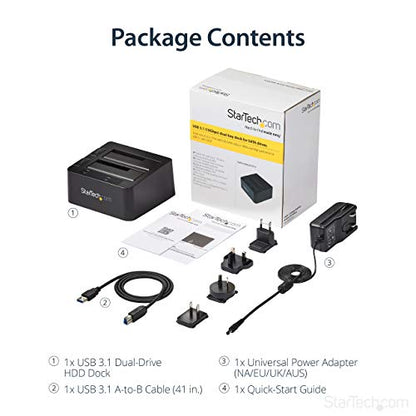 StarTech.com Estación de acoplamiento de disco duro USB 3.1 a SATA de doble bahía, USB 3.1 (10 Gbps), externa 2.5/3.5" SATA I/II/III, estación de acoplamiento SSD/HDD, bahía de disco duro