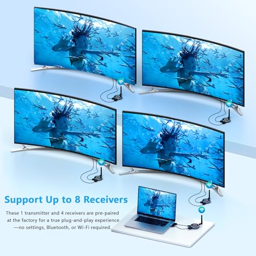 TIMBOOTECH Transmisor HDMI inalámbrico y 3 receptores, hasta 8 receptores, Plug and Play, Extensor inalámbrico HDMI de 5.8 G para PC, portátil, cámara, caja de cable a varios televisores, monitores #G70