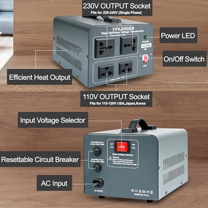 Yinleader Convertidor de voltaje Transformador de 3000 W Convertidor de potencia subida/abajo 110-120V a 220-240V/220-240V a 110-120V, con 2 tomacorrientes universales de EE. UU. y 2 salidas universales, protección de disyuntor YLG-3000