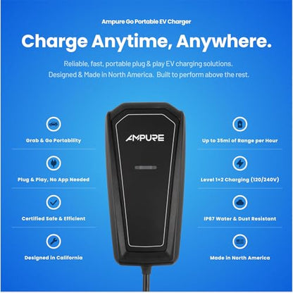 AMPURE Go 1 - Cargador portátil de nivel 2 para vehículos eléctricos, 32 A, enchufe NEMA 14-50 de 120/240 V, SAE J1772, certificado UL, interior/exterior, hogar/viaje compatible con todos los vehículos eléctricos y PHEV -CSG1SAE-032016