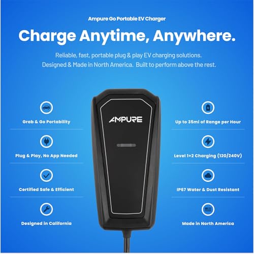 AMPURE Go 1 - Cargador portátil de nivel 2 para vehículos eléctricos, 32 A, enchufe NEMA 14-50 de 120/240 V, SAE J1772, certificado UL, interior/exterior, hogar/viaje compatible con todos los vehículos eléctricos y PHEV -CSG1SAE-032016