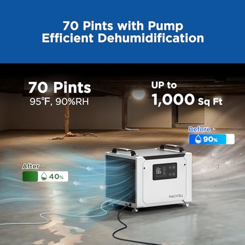 MOISWELL Deshumidificador comercial de 70 pintas con bomba, deshumidificadores portátiles de espacio de rastreo para sótano y hogar, certificado Energy Star, descongelación automática DEFENDER ME-7S