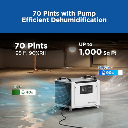 MOISWELL Deshumidificador comercial de 70 pintas con bomba, deshumidificadores portátiles de espacio de rastreo para sótano y hogar, certificado Energy Star, descongelación automática DEFENDER ME-7S