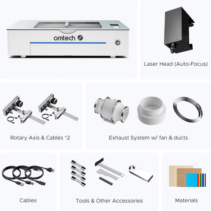 OMTech Polar+ 55W CO2 Grabador láser cortador con LightBurn, área de trabajo de 20 "x12", cámara de 5MP, ejes rotativos duales, velocidad de 19.685 in/s, con bomba de agua, máquina de corte por láser