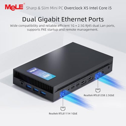 MeLE Overclock X5 Ultra Slim MiniPC Core-i5 12450H (hasta 4.4 GHz), 16 GB RAM 512 GB SSD, 3940 MB/s, 2 ranuras M.2, pantalla cuádruple HDMI×2/USB-C*2/4K computadora de escritorio oficina industrial y entretenimiento