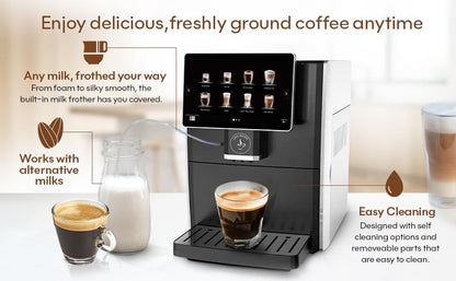 Cafe Bueno Máquina de café espresso súper automática - 19 recetas de café, duradera, amoladora, espumador de leche, visualización táctil de 7 pulgadas