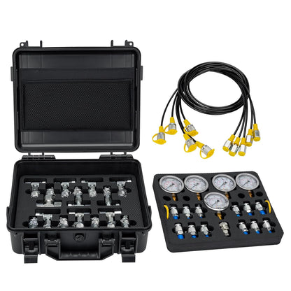 Kit de prueba de presión hidráulica, 5 indicadores (10/100/250/400/600bar) 60mpa 13 acoplamientos de prueba, 14 conectores en T, 5 mangueras de prueba con estuche de transporte portátil