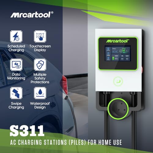 MR CARTOOL EV Charger Type 2 Charging Unit 7kW/32A Electric Car Charger IP65 EV Charging Station with Scheduled Charging, LCD Touchscreen, RFID Card, 8M Cable, Home Wall Mount Rapid Charging Point