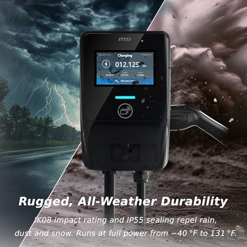 MSI EV Premium Tipo 1 (J1772) cableado, cargador de nivel 2, 240V, 60A, 14.4 kW, clasificación IP55, resistente al agua y al polvo, IK08 resistente a los impactos, certificado UL2594, Energy Star,