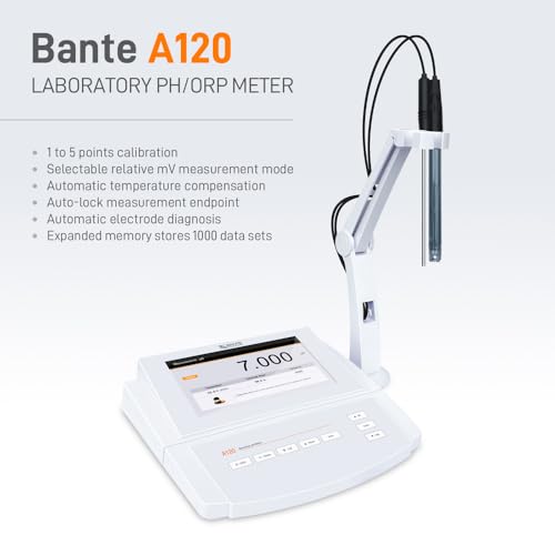 Medidor de pH de laboratorio Bante A120 | Medidor de pH de sobremesa | Precisión de pH ±0.002, calibración de 5 puntos, modo de medición ORP seleccionable, punto final de lectura automática, 1000