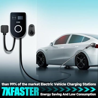 Cargador EV de nivel 2 48Amp 240V, cable de 25 pies, EVSE con conector J1772, enchufe NEMA 14-50, WiFi habilitado, pantalla inteligente, cargador de coche eléctrico con tarjeta RFID Fexhull