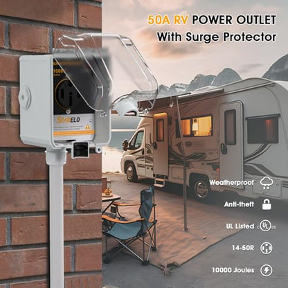 STARELO Caja de toma de corriente RV de 50 amperios con protector de sobretensiones impermeable (10000 julios), receptáculo NEMA 14-50R 125/250 voltios, con protección contra sobretensiones para