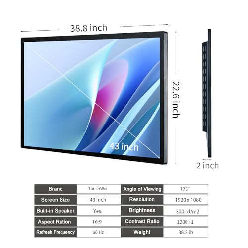 TOUCHWO HD430T Monitor Industrial de Pantalla Táctil Capacitiva Multi-Táctil de 43 Pulgadas, Pantalla 16:9 1920 x 1080P, Altavoces Incorporados, Puertos USB, VGA, DVI y HD-MI, Pantallas de Señalización