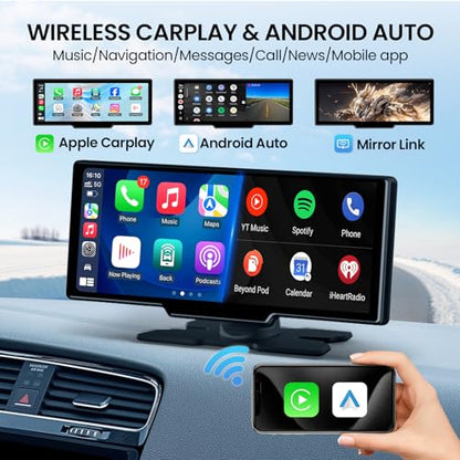 Pantalla Carplay inalámbrica de 10.26 pulgadas para automóvil, estéreo portátil para automóvil con Carplay y Android Auto, receptores de audio para automóvil con navegación GPS TECXERLLON