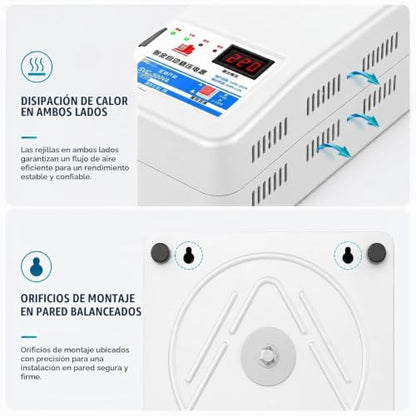 Estabilizador automático del voltaje, regulador de voltaje de CA del hogar Montado en la pared, pantalla LCD, bobina de cobre puro, 6 funciones de protección, entrada de 120-280 V