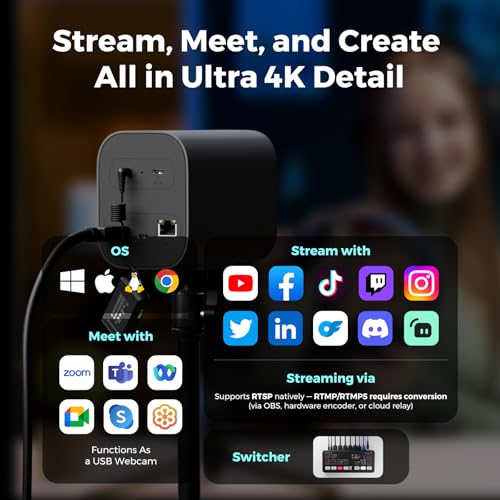 Cámara de transmisión con cable NearStream VM20 4K con zoom híbrido 40X/8 micrófonos con cancelación de ruido/control remoto, plug & play, webcam HDMI/USB/RJ45 para transmisión en vivo, videollamada VM20-US