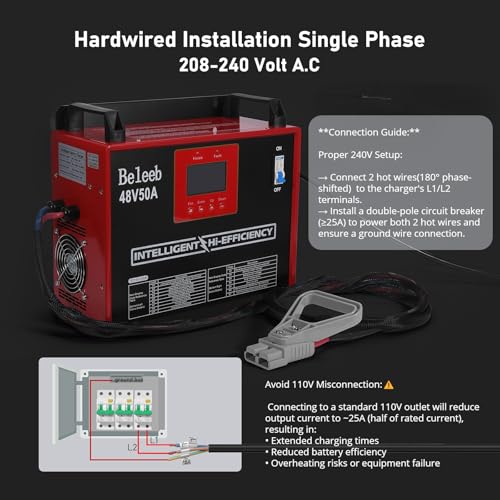 Cargador de batería ajustable de 48 V 50 A, cargador inteligente para baterías de plomo-ácido y litio LiFePO4, cargador cableado de 240 V CA para carretillas elevadoras, carros de golf, BLB-48V50A