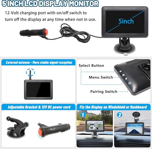EWAY 2 cámaras magnéticas inalámbricas de respaldo HD1080P con monitor de pantalla dividida de 5 pulgadas, portátil, sin cableado, enganche de remolque, visión nocturna, cámara de visión trasera para