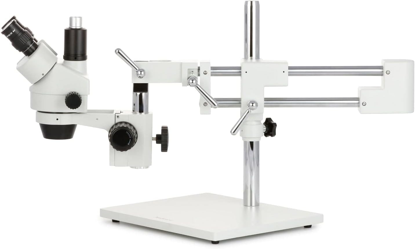 AmScope SM-4TP - Microscopio Profesional de Zoom estéreo trinocular con Control de Enfoque simultáneo, oculares WH10x, Aumento 7X-45X, Lente de Zoom 0.7X-4.5X, iluminación Ambiental, Soporte de Brazo