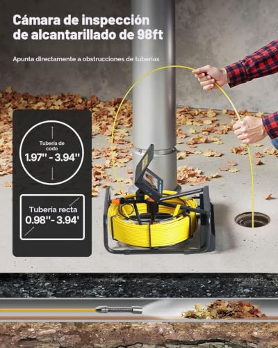 VEVOR Cámara de alcantarillado, 98.4 pies/98.4 ft (30 m), cámara de Boroscopio impermeable IP68, con función DVR y luces LED, endoscopio industrial para tubería de drenaje de conductos de pared. Pantalla de 4.3" con función DVR
