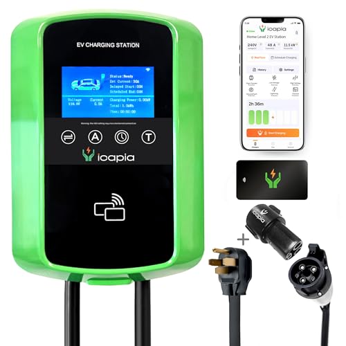 Sapphire - Cargador EV de nivel 2 de 40 a 48 amperios, enchufe NEMA 14-50 o cable duro, cable SAE J1772 de 25 pies, adaptador Tesla, estación de carga inteligente para automóvil eléctrico ‎ICACH50-S