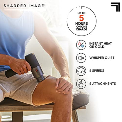 Sharper Image® Powerboost® Pro+ Pistola de masaje de tejido profundo caliente y frío - 6 velocidades, 6 accesorios, batería de 5 horas, estuche de viaje, base de carga, masajeador #1015848