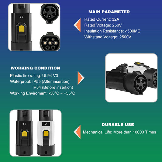 Convertidor de cargador para vehículos eléctricos CA 32 A 220 V, adaptador J1772 tipo 1 a tipo 2