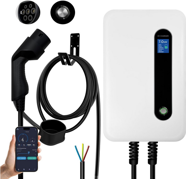 dé Estación de Carga Coche Electrico 7,4kW App [6-32A, Monofásica] Wallbox 7,4kW con Cable Carga Tipo 2 - 5m, RFID, Estación de Carga con RCD Tipo-B y Protección IP54 para Model Y/3 y Otros BEV/PHEV