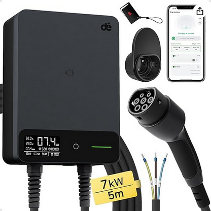 dé Estación de Carga Coche Electrico 7,4kW App [6-32A, Monofásica] Wallbox 7,4kW con Cable Carga Tipo 2 - 5m, RFID, Estación de Carga con RCD Tipo-B y Protección IP54 para Model Y/3 y Otros BEV/PHEV