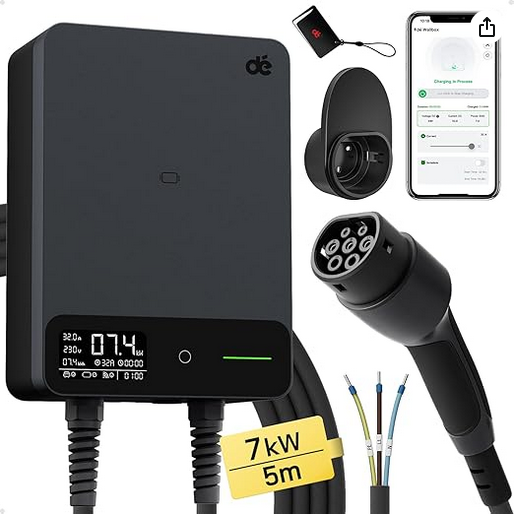dé Estación de Carga Coche Electrico 7,4kW App [6-32A, Monofásica] Wallbox 7,4kW con Cable Carga Tipo 2 - 5m, RFID, Estación de Carga con RCD Tipo-B y Protección IP54 para Model Y/3 y Otros BEV/PHEV deWB07B05B