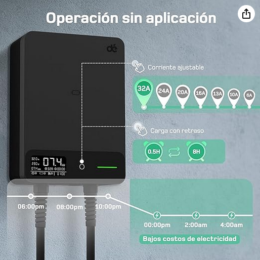 dé Estación de Carga Coche Electrico 7,4kW App [6-32A, Monofásica] Wallbox 7,4kW con Cable Carga Tipo 2 - 5m, RFID, Estación de Carga con RCD Tipo-B y Protección IP54 para Model Y/3 y Otros BEV/PHEV