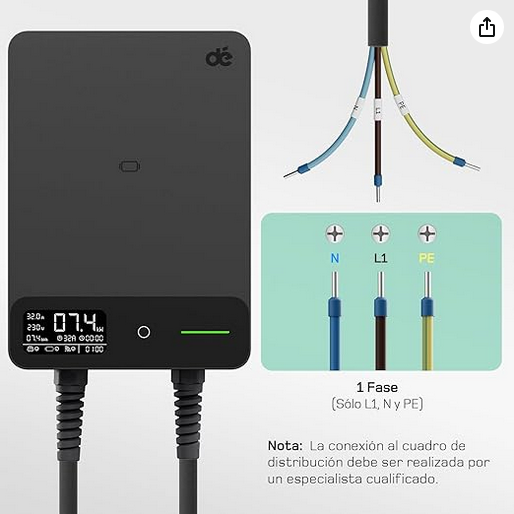 dé Estación de Carga Coche Electrico 7,4kW App [6-32A, Monofásica] Wallbox 7,4kW con Cable Carga Tipo 2 - 5m, RFID, Estación de Carga con RCD Tipo-B y Protección IP54 para Model Y/3 y Otros BEV/PHEV deWB07B05B