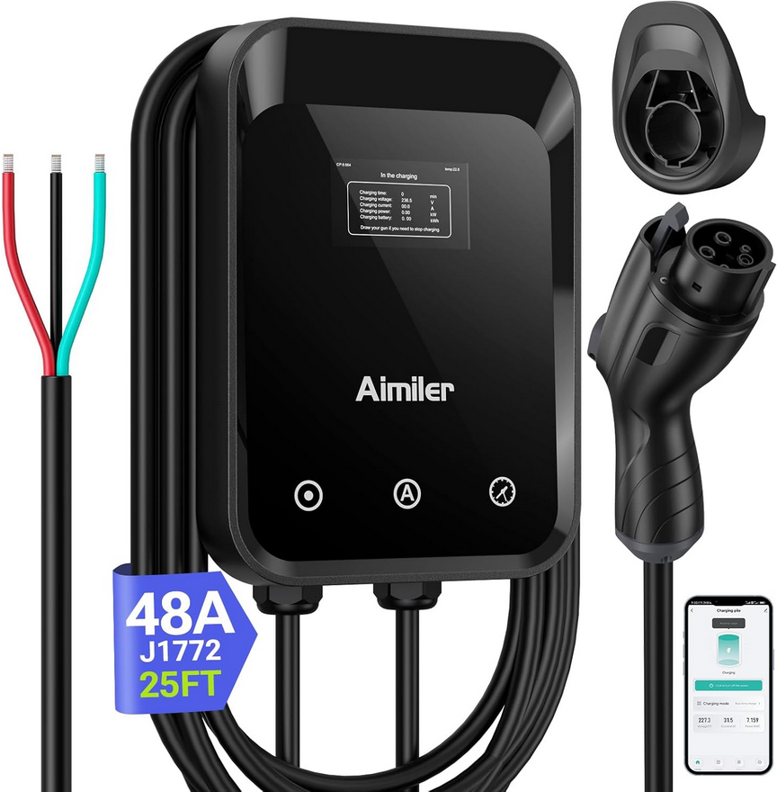 AIMILER Cargador de vehículo eléctrico de nivel 2 (EV) (WiFi APP/Plug-Play), 48A, cable de 25 pies certificado ETL, cableado de 240 V conector J1772 ZB18-U011KBH-F002
