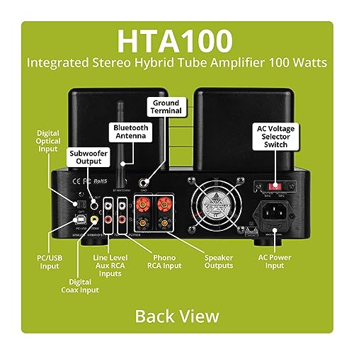 Dayton Audio HTA100 Amplificador de tubo estéreo híbrido con Bluetooth USB Aux Phono en subsalida 100W