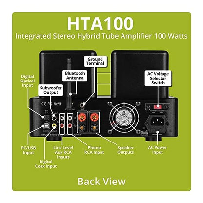 Dayton Audio HTA100 Amplificador de tubo estéreo híbrido con Bluetooth USB Aux Phono en subsalida 100W