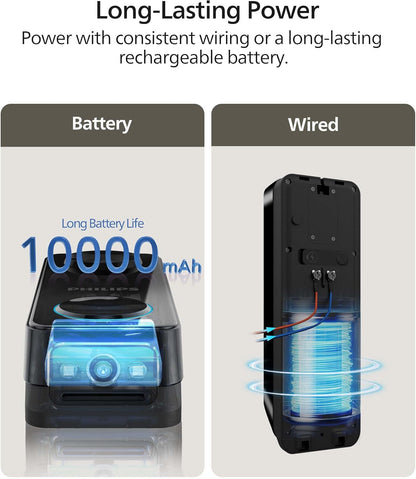 Cámara de timbre de video de seguridad Philips (timbre incluido), sin cuota mensual, cámaras duales 2K FHD con detección de movimiento, audio de 2 vías, compatible con Alexa y Google Assistant # DDA270X-2TXS