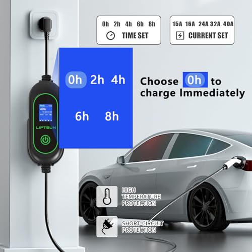 LIFTSUN Cargador EV de nivel 2, máximo 40 amperios 9.6 KW EVSE, cargador portátil J1772 para el hogar, cargador EV ajustable 13A/16A/24A/32A/40A, cable de doble uso de 21 pies para vehículos ‎LS-I15A-21FT