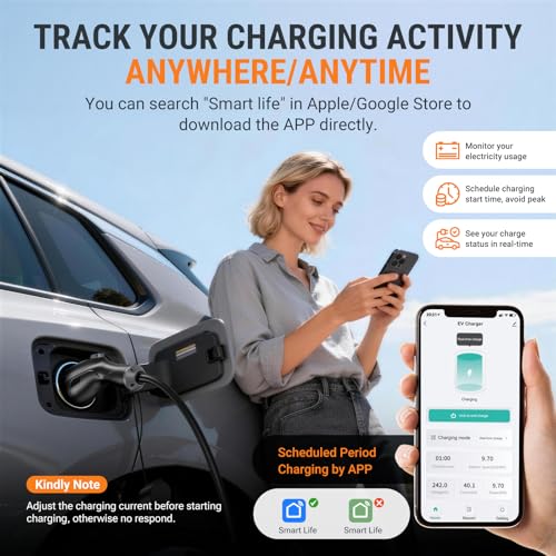Cargador de vehículo eléctrico de nivel 2 (EV) (WiFi APP/Plug-Play), 48A, cable de 25 pies certificado ETL, cable duro de 240 V (sin enchufe) y conector J1772 EVSE EV Estaciones de carga de coche eléctrico para el hogar Nivel 2 (48) - ZB18-U011KBH-F002