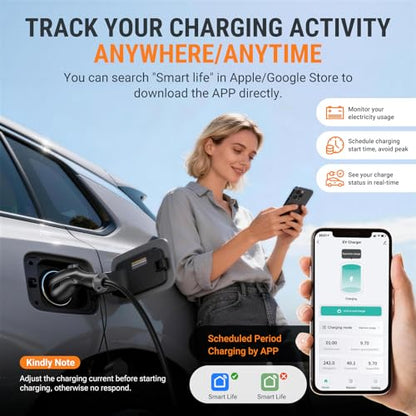 Cargador de vehículo eléctrico de nivel 2 (EV) (WiFi APP/Plug-Play), 48A, cable de 25 pies certificado ETL, cable duro de 240 V (sin enchufe) y conector J1772 EVSE EV Estaciones de carga de coche eléctrico para el hogar Nivel 2 (48) - ZB18-U011KBH-F002