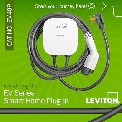 Leviton EV40P Cargador inteligente EV de nivel 2 con Wi-Fi, 40 A, salida de 9.6kW, cable de 25 pies, NEMA 14-50P, estación de carga EV para enchufe interior/exterior, compatibilidad con My Leviton