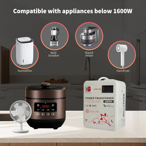 SUNSHUN Convertidor de 110 V a 220 V, transformador elevador de 2000 W de 110 V a 220 V con pantalla de voltaje para electrodomésticos asiáticos europeos de 220/240 voltios utilizados en EE. UU