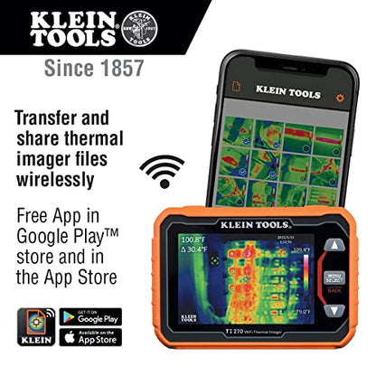 Klein Tools Cámara termográfica recargable TI270, más de 10000 píxeles, transferencia de datos Wi-Fi, 3 paletas, puntos de temperatura alta/baja