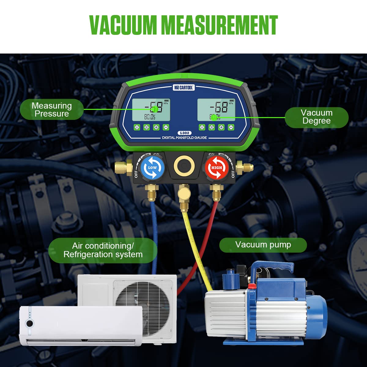 MR CARTOOL L302 - Juego de medidores digitales de 2 válvulas, sistemas refrigerantes HVAC, herramienta de comprobador de presión de fugas con 3 mangueras para aire acondicionado, refrigeración y