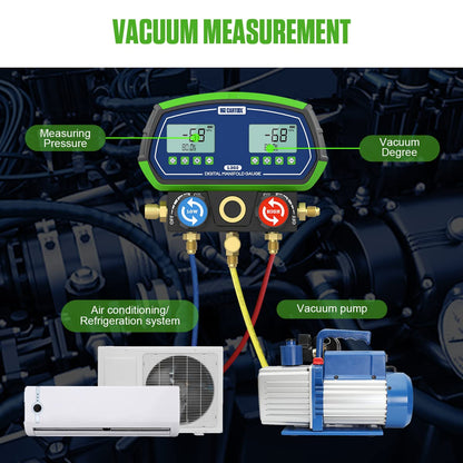 MR CARTOOL L302 - Juego de medidores digitales de 2 válvulas, sistemas refrigerantes HVAC, herramienta de comprobador de presión de fugas con 3 mangueras para aire acondicionado, refrigeración y