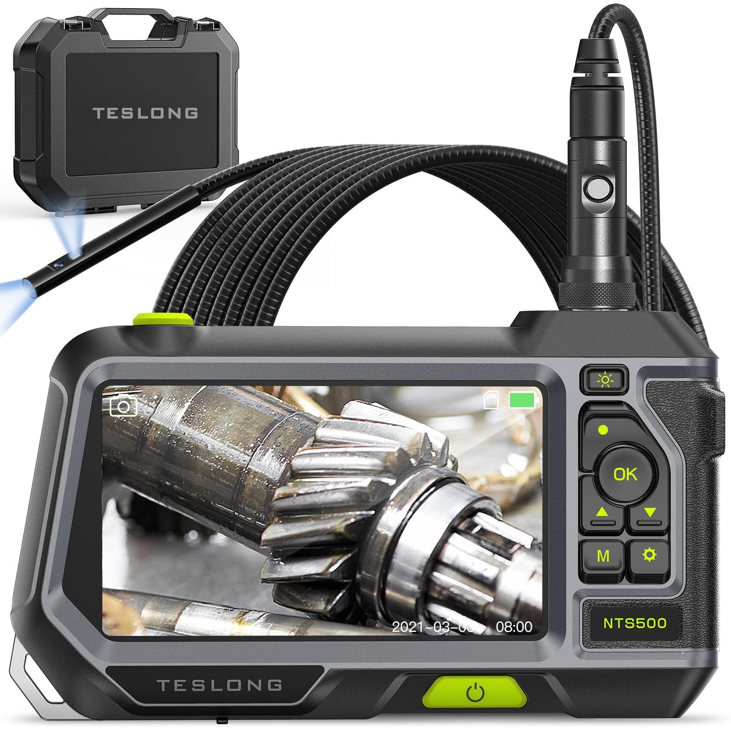 Teslong NTS500 - Endoscopio de doble lente con monitor de 5 pulgadas, cámara de inspección de boroscopio industrial impermeable con lente doble de 0.21 pulgadas frontal y lateral con sonda de 9.8 pies, pantalla LCD IPS de 5 pulgadas y estuche