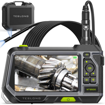 Teslong NTS500 - Endoscopio de doble lente con monitor de 5 pulgadas, cámara de inspección de boroscopio industrial impermeable con lente doble de 0.21 pulgadas frontal y lateral con sonda de 9.8 pies, pantalla LCD IPS de 5 pulgadas y estuche