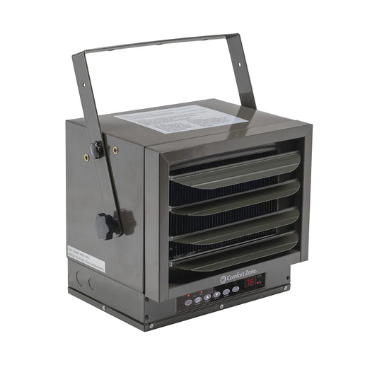 Comfort Zone - Calentador de espacio de cochera con cable duro para montaje en techo con mando a distancia, 7500w, 240voltios, forzado por ventilador, protección contra sobrecalentamiento,